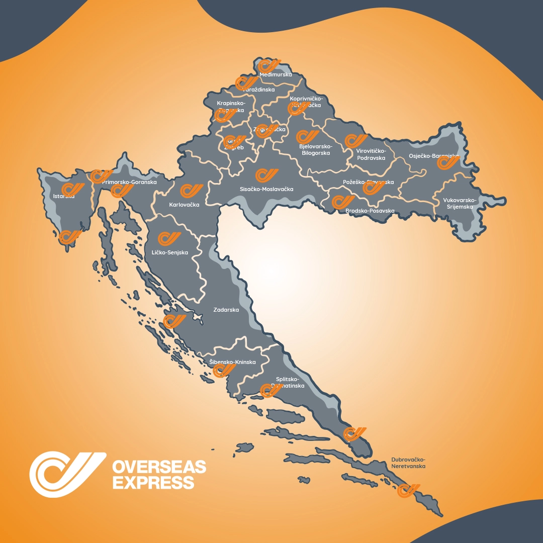 Map of Croatia with marked Overseas Express offices